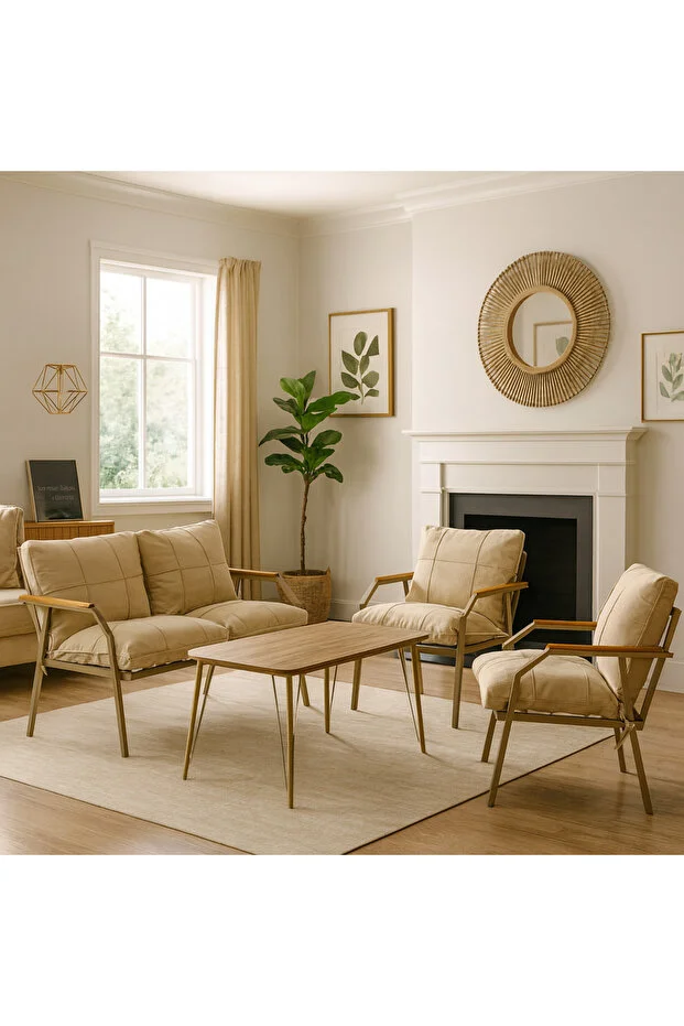 Linda Cappuccino 211 Masalı Bej Fermuarlı Bahçe Balkon Takımı,Cafe-Metal Kanepe Koltuk Takımı